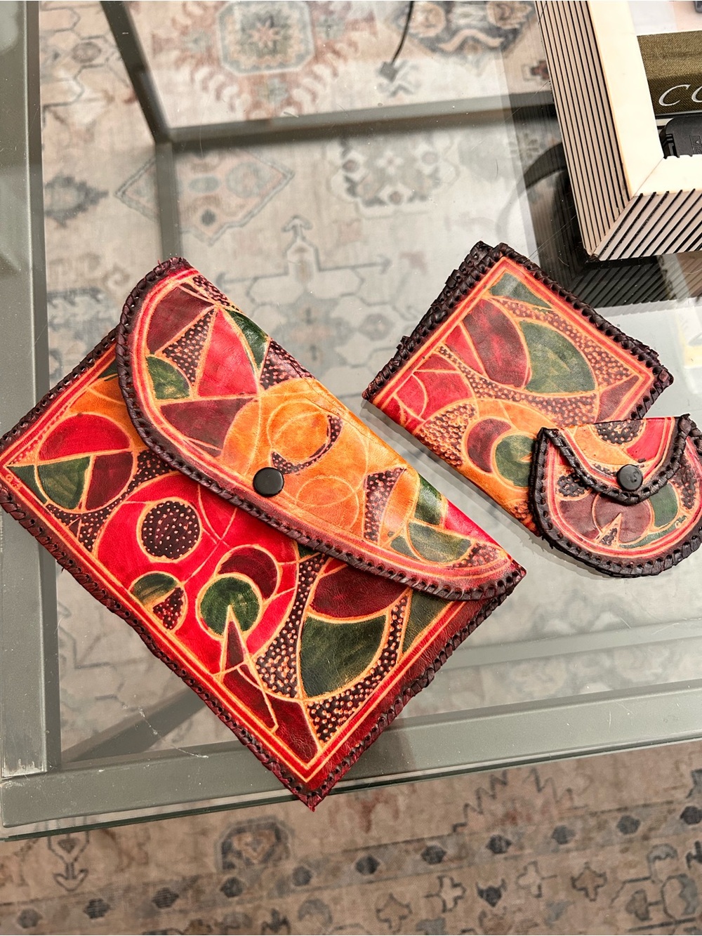 Vintage Hand-Painted Leather Wallet Coin Purse Journal Cover Set Boho Artisan